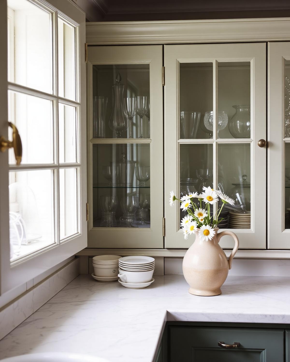 Glass-front cabinetry with glassware and a stoneware jug of white daisies
