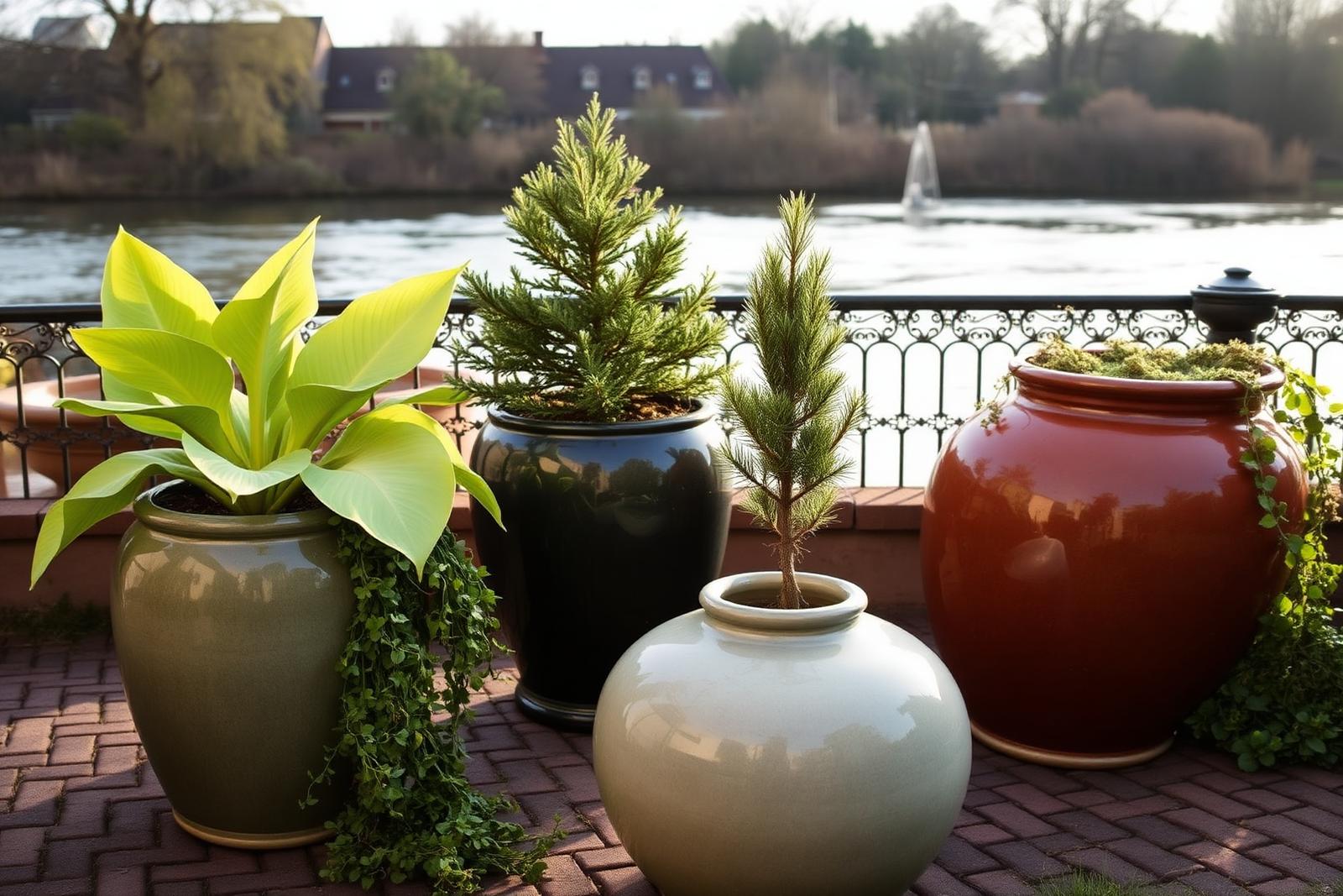 Glazed terrace containers planted with elephant ear and trailing greenery