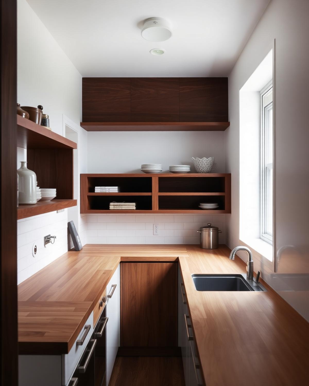 Narrow galley kitchen with butcher block counters and open walnut shelving