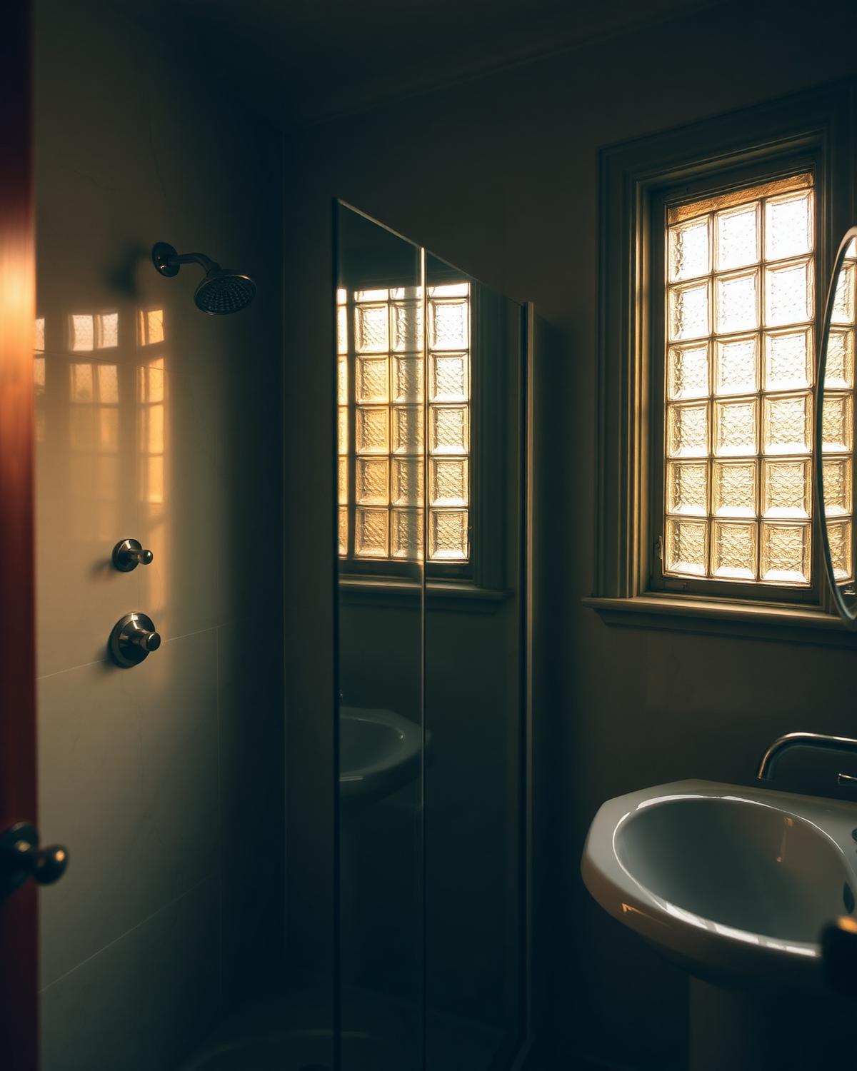 Bathroom with a marble tiled shower and a glass block window in evening light