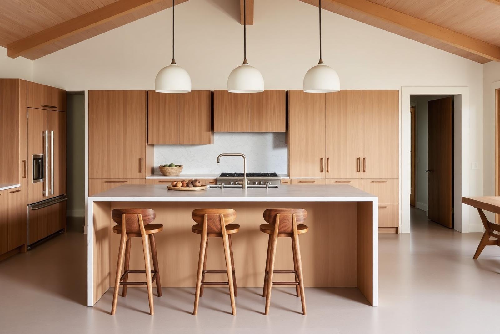 Honed marble island top with walnut counter stools and plaster pendants