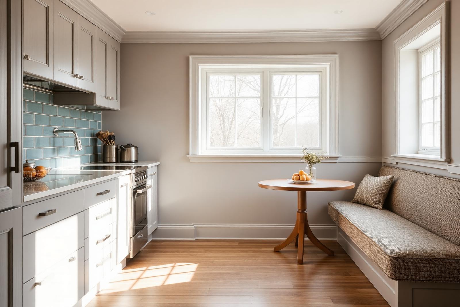 Soft gray shaker kitchen with glass tile backsplash and a built-in banquette