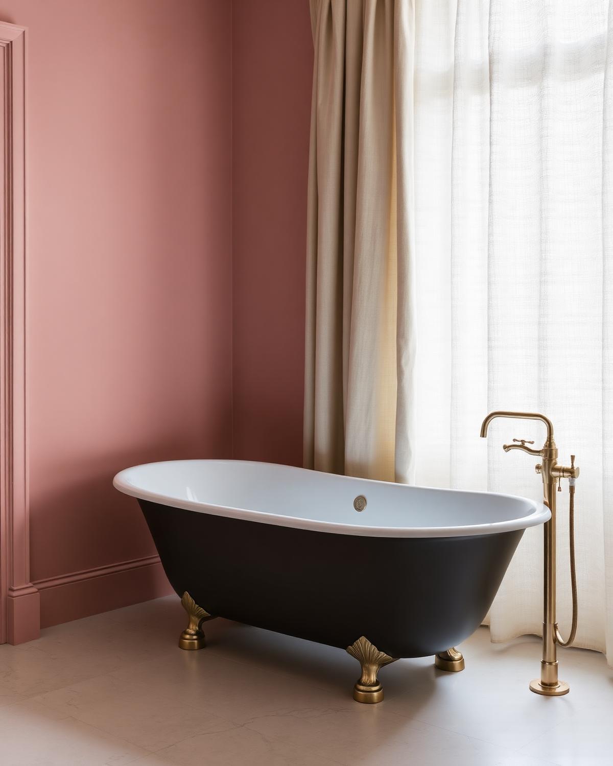 Freestanding tub with brushed brass filler against soft dusty pink plaster walls