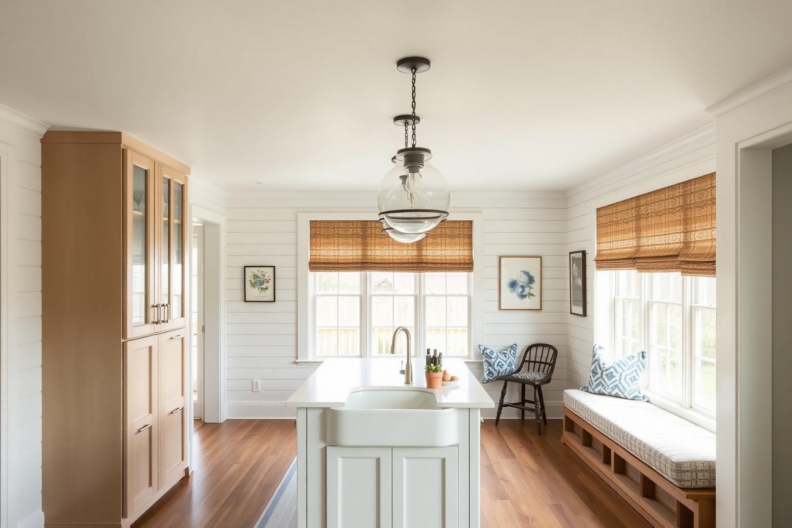 White kitchen with a farmhouse apron sink, glass pendant and window seat