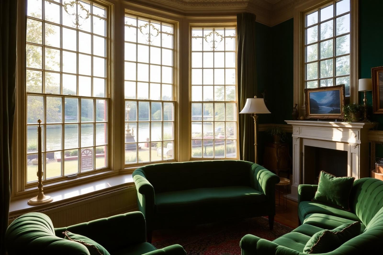 Sitting room with green velvet seating, brass lamp and river-facing windows