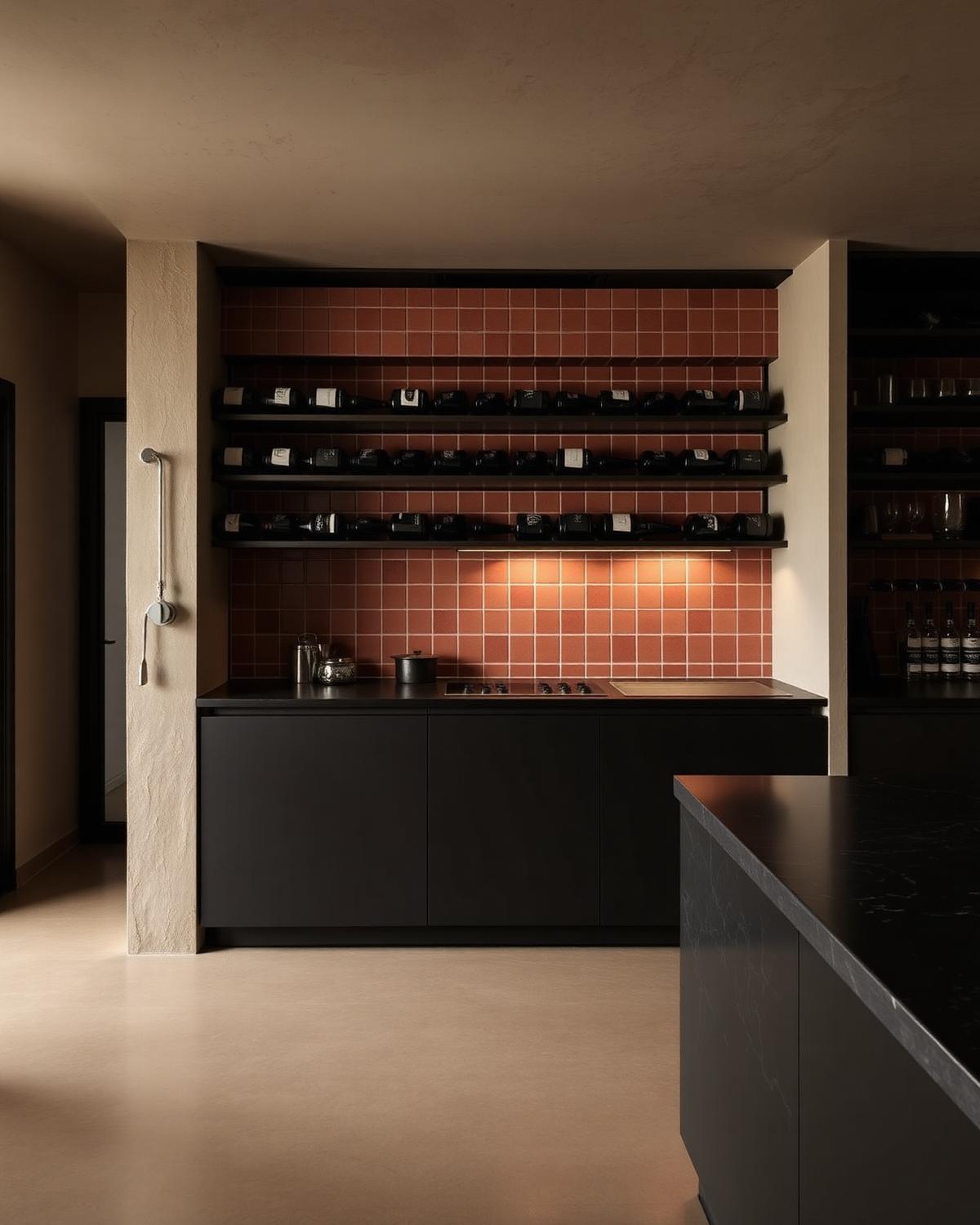 Kitchen with a floor-to-ceiling terracotta tile wine wall above a dark stone counter
